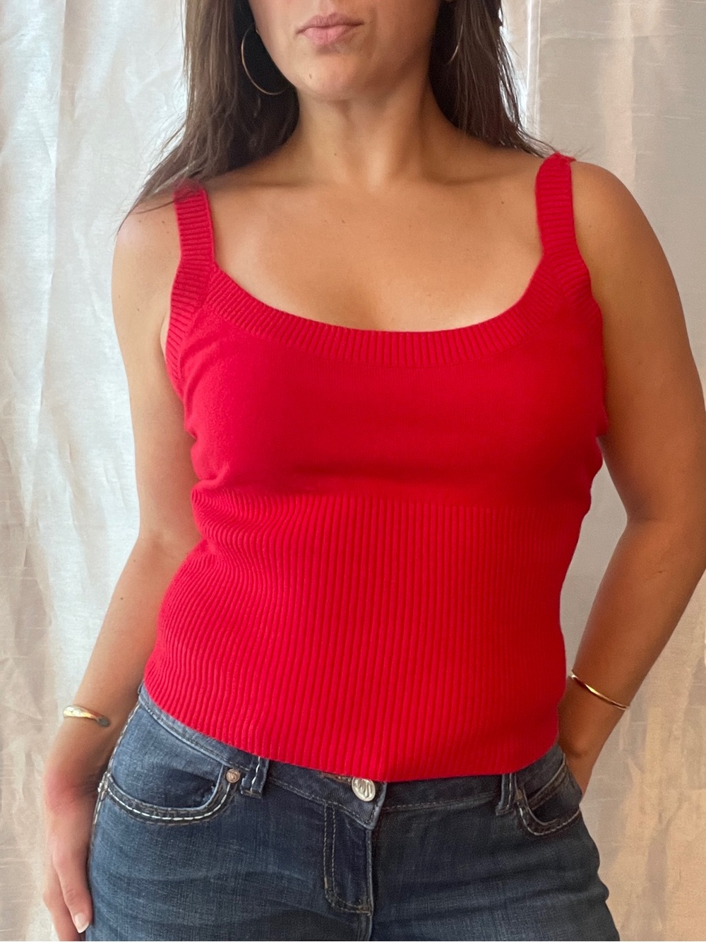 Frankies Bikinis Tank Top Women Medium Red Scoop Ribbed Knit Minimalist Feminine